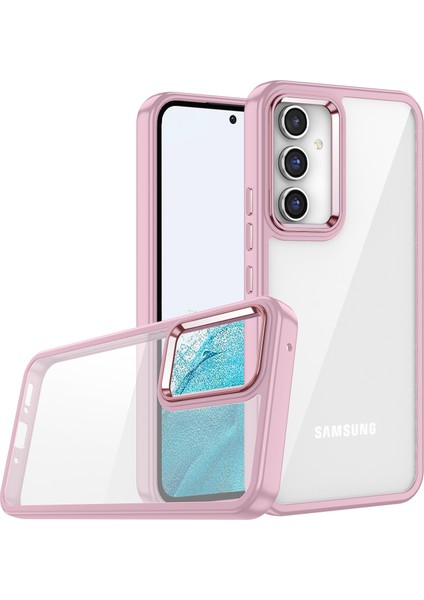 Samsung Galaxy A14 Uyumlu Kılıf Kamera Çıkıntılı Arkası Kristal Şeffaf Hassas Tuşlu Renkli Kenarlı Flora Kapak Rose Gold