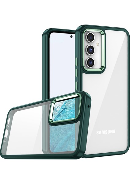 Samsung Galaxy A14 Uyumlu Kılıf Kamera Çıkıntılı Arkası Kristal Şeffaf Hassas Tuşlu Renkli Kenarlı Flora Kapak Yeşil