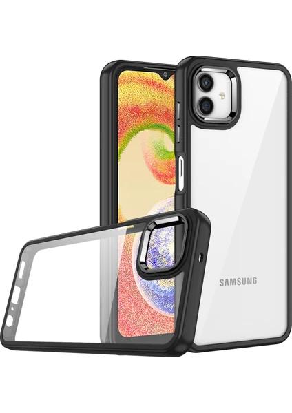 Case 4U Samsung Galaxy A04E Uyumlu Kılıf Kamera Çıkıntılı Arkası Kristal Şeffaf Hassas Tuşlu Renkli Kenarlı Flora Kapak Siyah