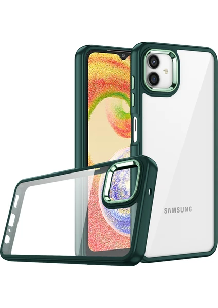 Case 4U Samsung Galaxy A04E Uyumlu Kılıf Kamera Çıkıntılı Arkası Kristal Şeffaf Hassas Tuşlu Renkli Kenarlı Flora Kapak Yeşil