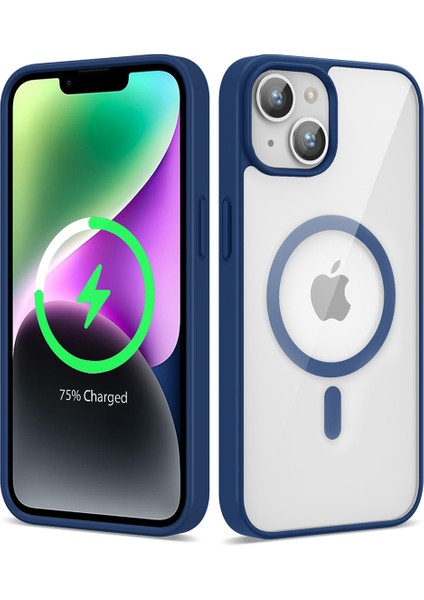 Apple iPhone 13 Magsafe Kılıf Renkli Kenar Şeffaf Magsafe Wireless Şarj Destekli Ege Kapak Mavi