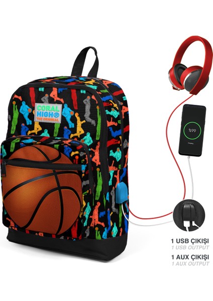 Coral High Kids Siyah Basketbol Desenli Dört Bölmeli USB Şarjlı Kulaklık Çıkışlı Okul Sırt Çantası 23281