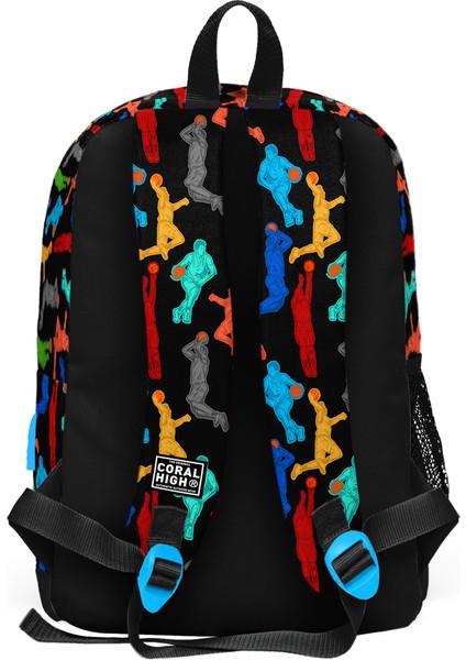 Coral High Kids Siyah Basketbol Desenli Dört Bölmeli USB Şarjlı Kulaklık Çıkışlı Okul Sırt Çantası 23281