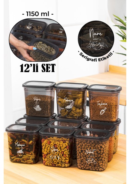 Beyaz Serigrafi Etiketli 12LI Peggy Dikdörtgen Saklama Kabı Seti 1150 ml Antrasit