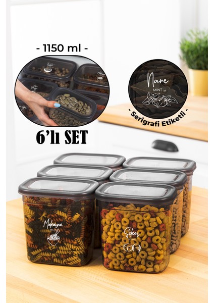 Beyaz Serigrafi Etiketli 6lı Peggy Dikdörtgen Saklama Kabı Seti 1150 ml Antrasit