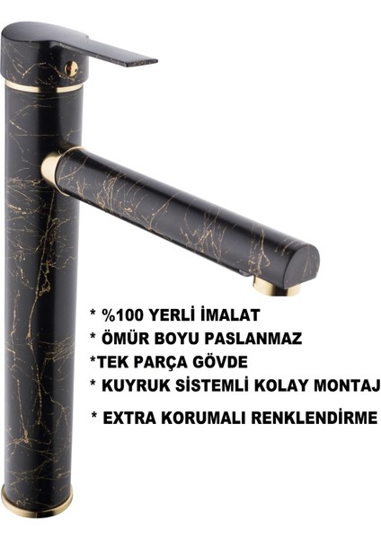 Çanak Siyah Mermer Desenli Lavabo Bataryası