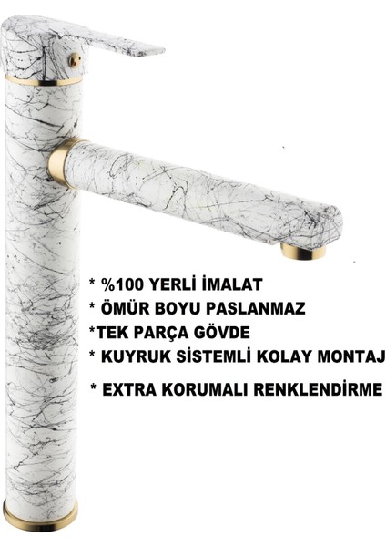 Çanak Beyaz Mermer Desenli Lavabo Bataryası
