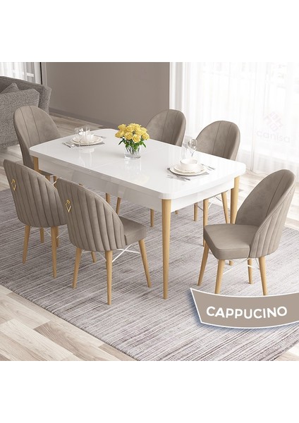 Concept Roz Serisi 80X132 Mdf Beyaz Mutfak Masası Takımı Beyaz Kafesli 6 Sandalye Gold Halkalı
