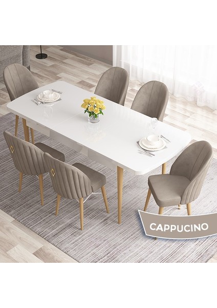 Concept Roz Serisi 80X132 Mdf Beyaz Mutfak Masası Takımı Beyaz Kafesli 6 Sandalye Gold Halkalı fiyatları