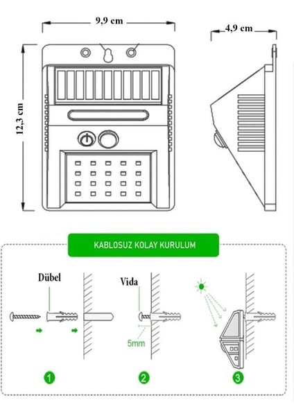 BWS010 5W Solar Güneş Enerjili Duvar Aplik Beyaz Işık - Dış Mekan Sensörlü Aydınlatması