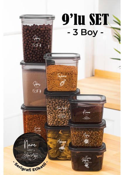 Beyaz Serigrafi Etiketli 9lu Peggy Dikdörtgen Saklama Kabı Seti 3X(1500-1150-800 Ml) Antrasit