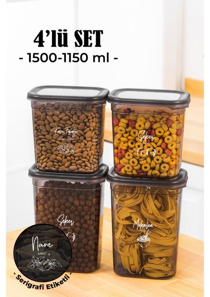 Beyaz Serigrafi Etiketli 4lü Peggy Dikdörtgen Saklama Kabı Seti 2X(1500-1150 Ml) Antrasit
