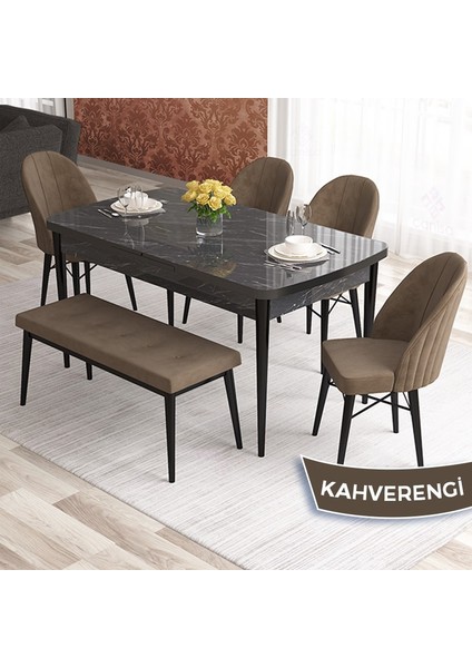Elf Serisi 80X132 Açılabilir Siyah Mermer Desen Mutfak Masa Takımı 4 Sandalye 1 Bench Gold Halkalı