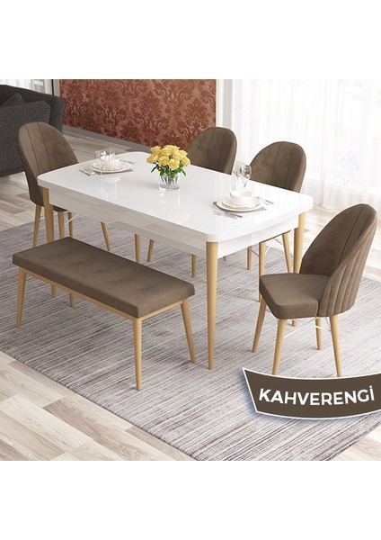 Elf Serisi 80X132 Beyaz Masa Doğal Ahşap Ayak Beyaz Kafesli 4 Sandalye 1 Bench Gold Halkalı