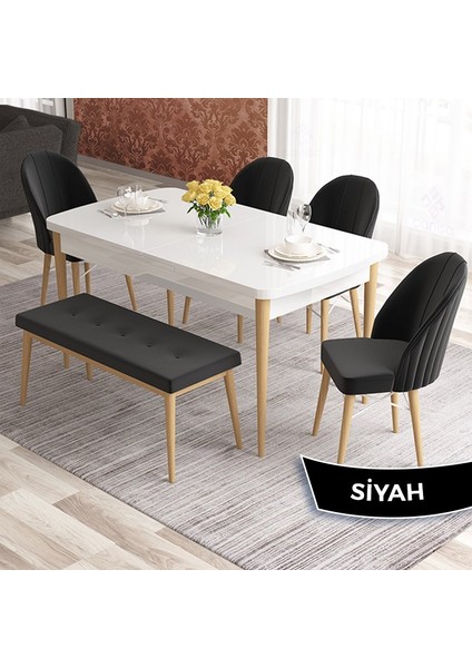 Elf Serisi 80X132 Beyaz Masa Doğal Ahşap Ayak Beyaz Kafesli 4 Sandalye 1 Bench Gold Halkalı indirimleri