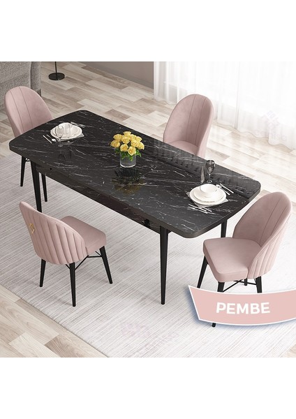 Concept Roz Serisi 80X132 Mdf Açılabilir Siyah Mermer Desen Mutfak Masası Takımı 4 Sandalye Gold Halkalı fiyatları
