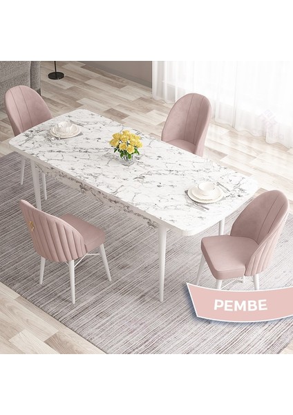 Concept Roz Serisi 80X132 Mdf Açılabilir Beyaz Mermer Desen Mutfak Masası Takımı 4 Sandalye Gold Halkalı fiyatları