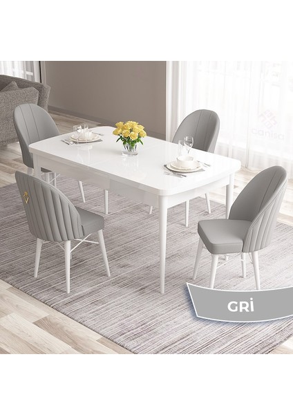 Concept Roz Serisi 80X132 Mdf Açılabilir Beyaz Mutfak Masası Takımı 4 Sandalye Gold Halkalı