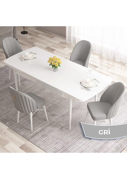 Concept Roz Serisi 80X132 Mdf Açılabilir Beyaz Mutfak Masası Takımı 4 Sandalye Gold Halkalı