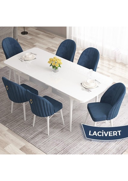 Concept Roz Serisi 80X132 Mdf Açılabilir Beyaz Mutfak Masası Takımı 6 Sandalye Gold Halkalı fiyatları