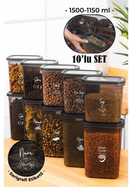 Beyaz Serigrafi Etiketli 10LU Peggy Dikdörtgen Saklama Kabı Seti 5X(1500-1150 Ml) Antrasit