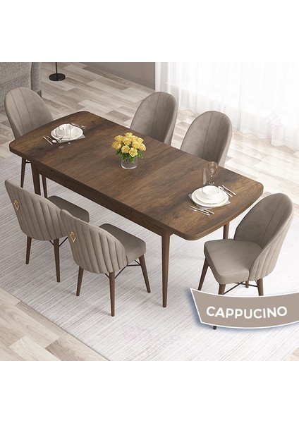 Concept Roz Serisi 80X132 Mdf Açılabilir Barok Ahşap Desen 6 Sandalye Gold Halkalı