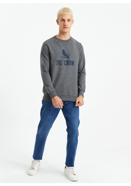 Bisiklet Yaka Gri Melanj Erkek Sveatshirt Baskılı Tişört