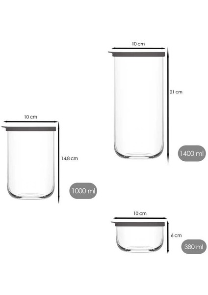 Duo Saklama Kabı Cam Kavanoz Erzak Saklama Kabı Seti Takımı Gri 3 Boy 6'lı modelleri