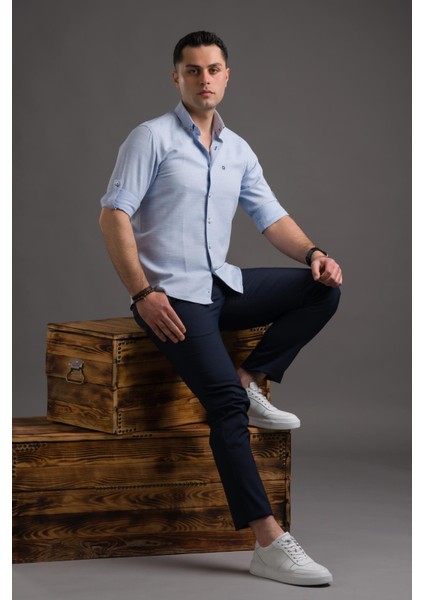 Hasırlı Slimfit Düğmeli Yaka Katlamalı Uzun Kol Erkek Gömlek fiyatları