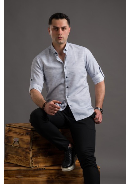 Hasırlı Slimfit Düğmeli Yaka Katlamalı Uzun Kol Erkek Gömlek indirimleri