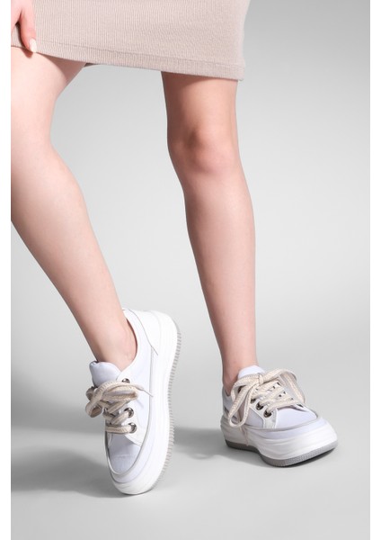 Kadın Yüksek Taban Sneaker Keten Kumaş Bağcıklı Spor Ayakkabı Hesna Gri