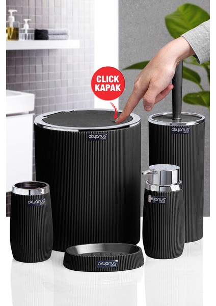 Siyah Kromlu Çizgili Yuvarlak 5'li Banyo Seti