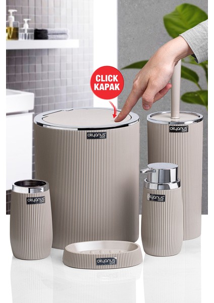 Vizon Kromlu Çizgili Yuvarlak 5'li Banyo Seti
