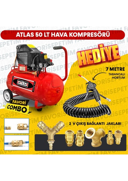 Atlas 50 Litre Hava Kompresörü 2 hp 8 Bar 15 Mt Spiral Hortum Hava Tabancası - Jakları Full