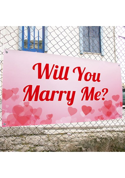 Evlilik Teklifi Will You Marry Me Pembe Kalpli Afiş Pankart