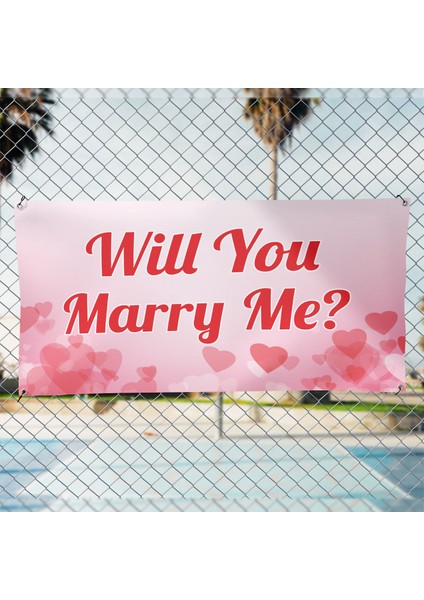 Evlilik Teklifi Will You Marry Me Pembe Kalpli Afiş Pankart