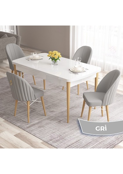 Concept Roz Serisi 80X132 Mdf Beyaz Mutfak Masası Takımı Beyaz Kafesli 4 Sandalye Gold Halkalı