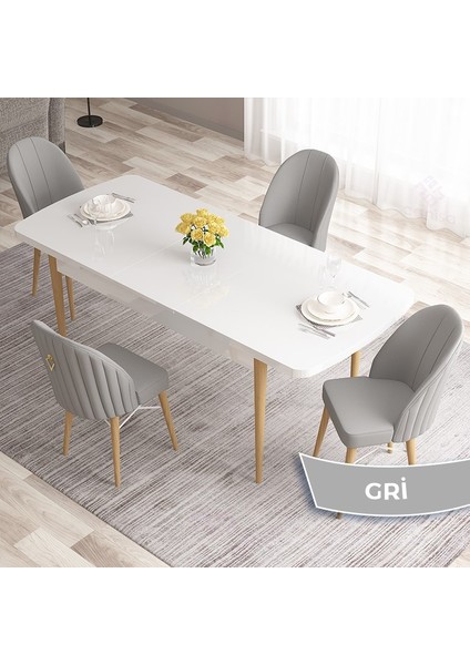 Concept Roz Serisi 80X132 Mdf Beyaz Mutfak Masası Takımı Beyaz Kafesli 4 Sandalye Gold Halkalı fiyatları