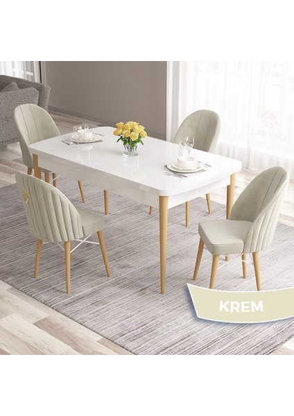 Concept Roz Serisi 80X132 Mdf Beyaz Mutfak Masası Takımı Beyaz Kafesli 4 Sandalye Gold Halkalı indirimleri