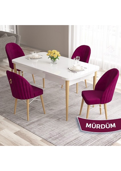 Concept Roz Serisi 80X132 Mdf Beyaz Mutfak Masası Takımı Beyaz Kafesli 4 Sandalye Gold Halkalı
