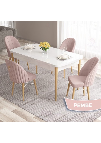 Concept Roz Serisi 80X132 Mdf Beyaz Mutfak Masası Takımı Beyaz Kafesli 4 Sandalye Gold Halkalı