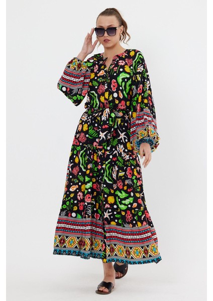 VP8203 Balık Desenli Salaş Elbise Siyah