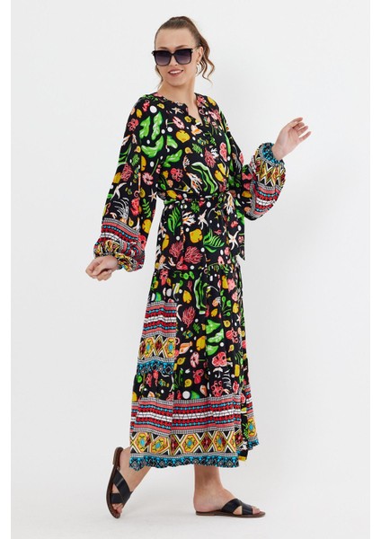 VP8203 Balık Desenli Salaş Elbise Siyah modelleri