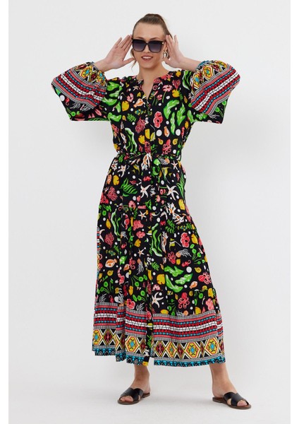 VP8203 Balık Desenli Salaş Elbise Siyah indirimleri