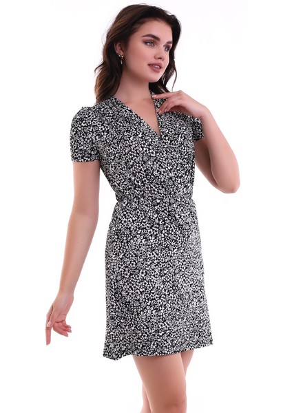 22223918 Des.çizgili Kaşkorse Kruvaze Yaka Kısa Kol Elbise Siyah Beyaz modelleri