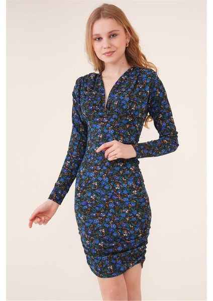 22434124 Kruvaze Yaka Yanları Büzgülü Uzun Kol Elbise Siyah Saks