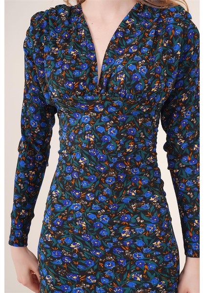 22434124 Kruvaze Yaka Yanları Büzgülü Uzun Kol Elbise Siyah Saks fiyatları