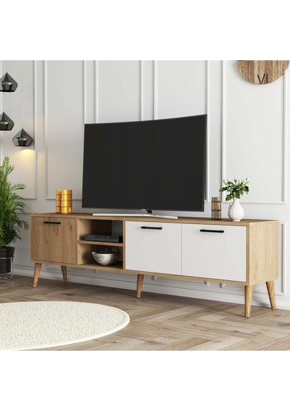 Exxen 180 cm Ahşap Ayaklı Tv Ünitesi Sepet Beyaz 1585