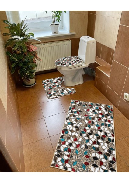 Tasarım 3'lü Set Banyo Paspası, Klozet Takımı Kaymaz Taban Dijital Baskı 60X100 - 50X60