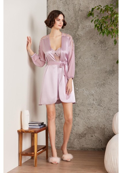 Saten Gecelik Sabahlık Pijama Takım Şort Takım 6'lı Gelin Çeyiz Seti - 6005